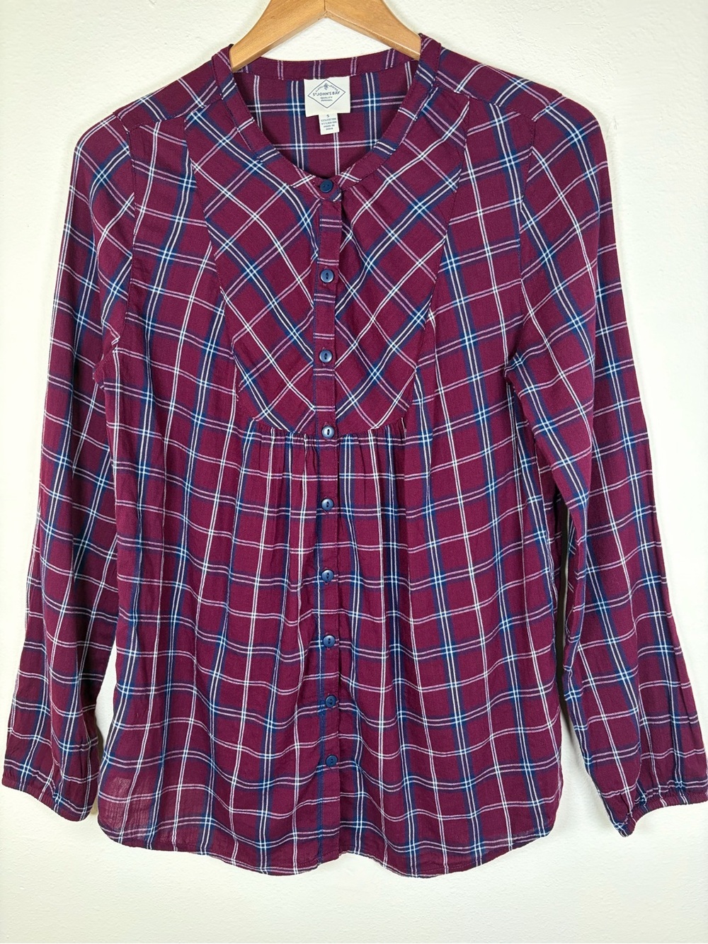 St. John’s Bay Small Burgundy Plaid Pintuck Peasant Boho Blouse Top